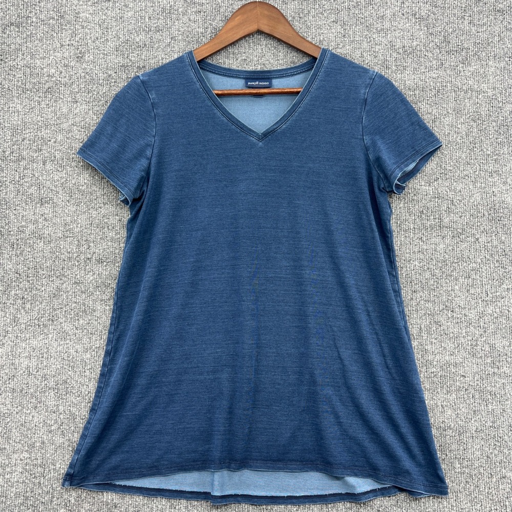 Pure Jill Indigo V Neck Tee Womens XS Blue Lyocell Summer Minimalist Coastal